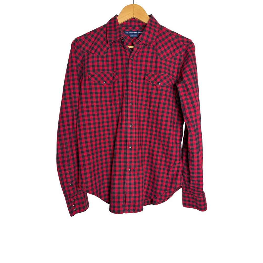 Ralph Lauren Sport Shirt Womens 12 Western Red Black Buffalo Plaid Snap EUC